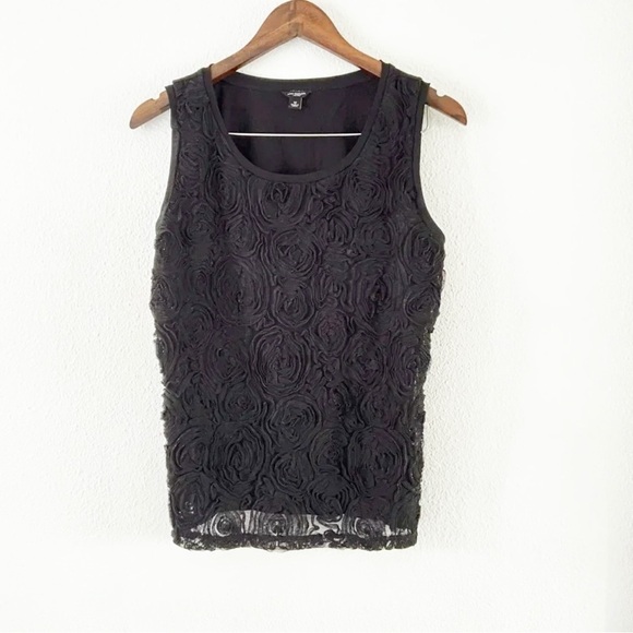 Ann Taylor Elegant Black Floral Eclectic Applique Cami Tank Top Blouse Medium - Picture 1 of 8